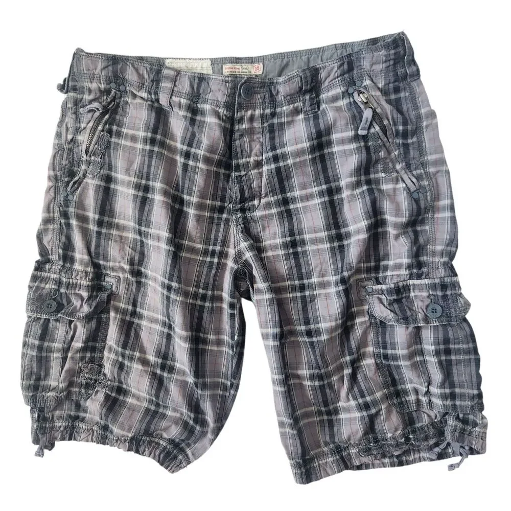 VTG 555 Soul Essentials-Gray Plaid Mens Cargo Shorts-Cinch Leg/Waist-Thrashed 36